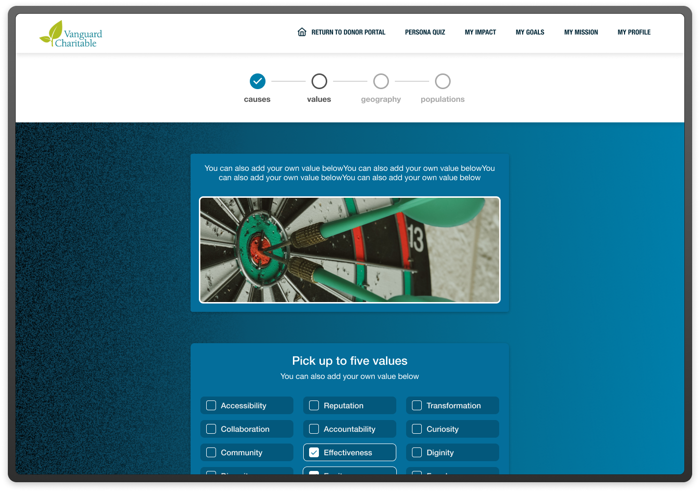 Vangaurd Charitable's in-progress wireframes and final mockups