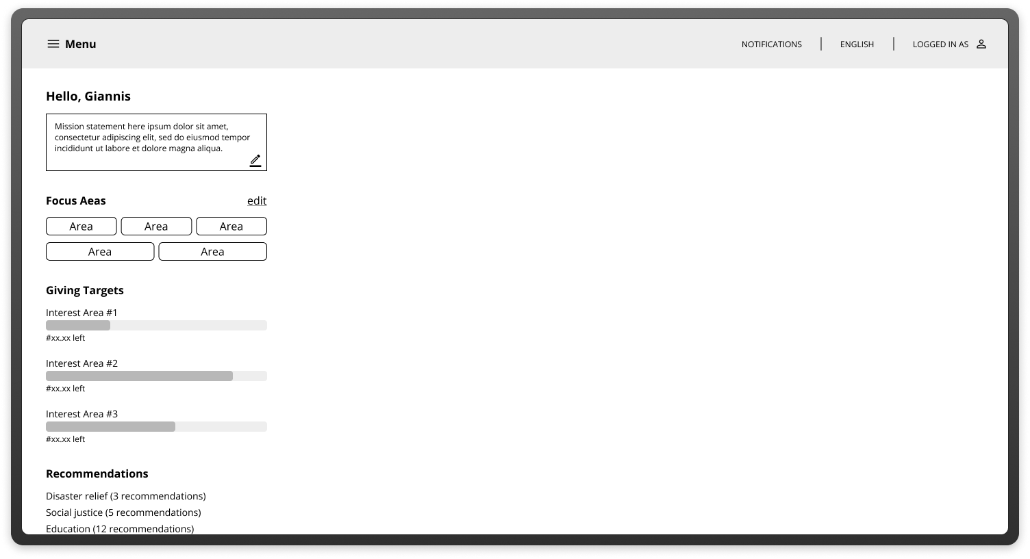 Vangaurd Charitable's in-progress wireframes and final mockups