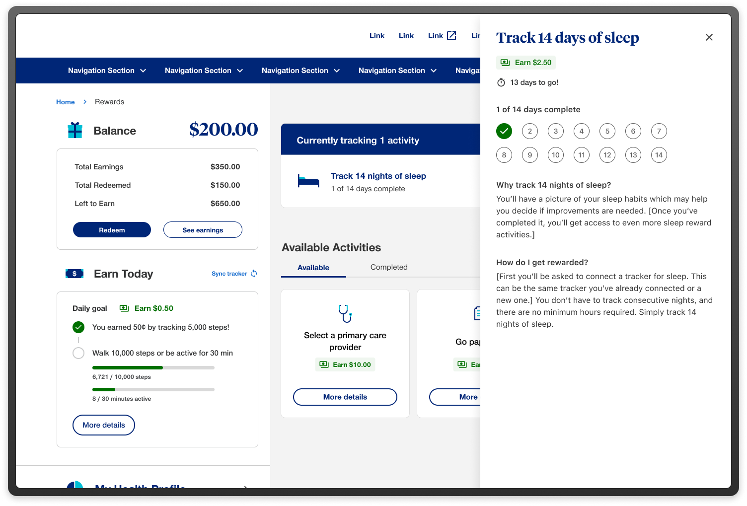 screenshot of a mockup of UHC's Rewards App's homepage