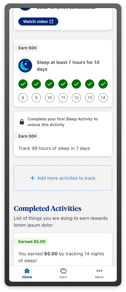 screenshot of a mockup of UHC's Rewards App's homepage