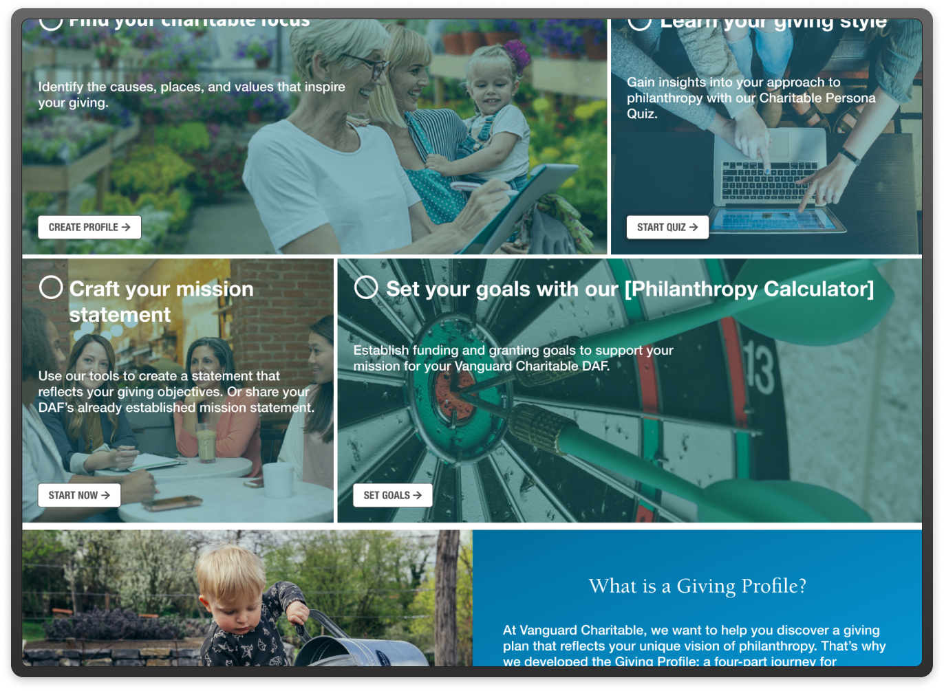 Vangaurd Charitable's in-progress wireframes and final mockups
